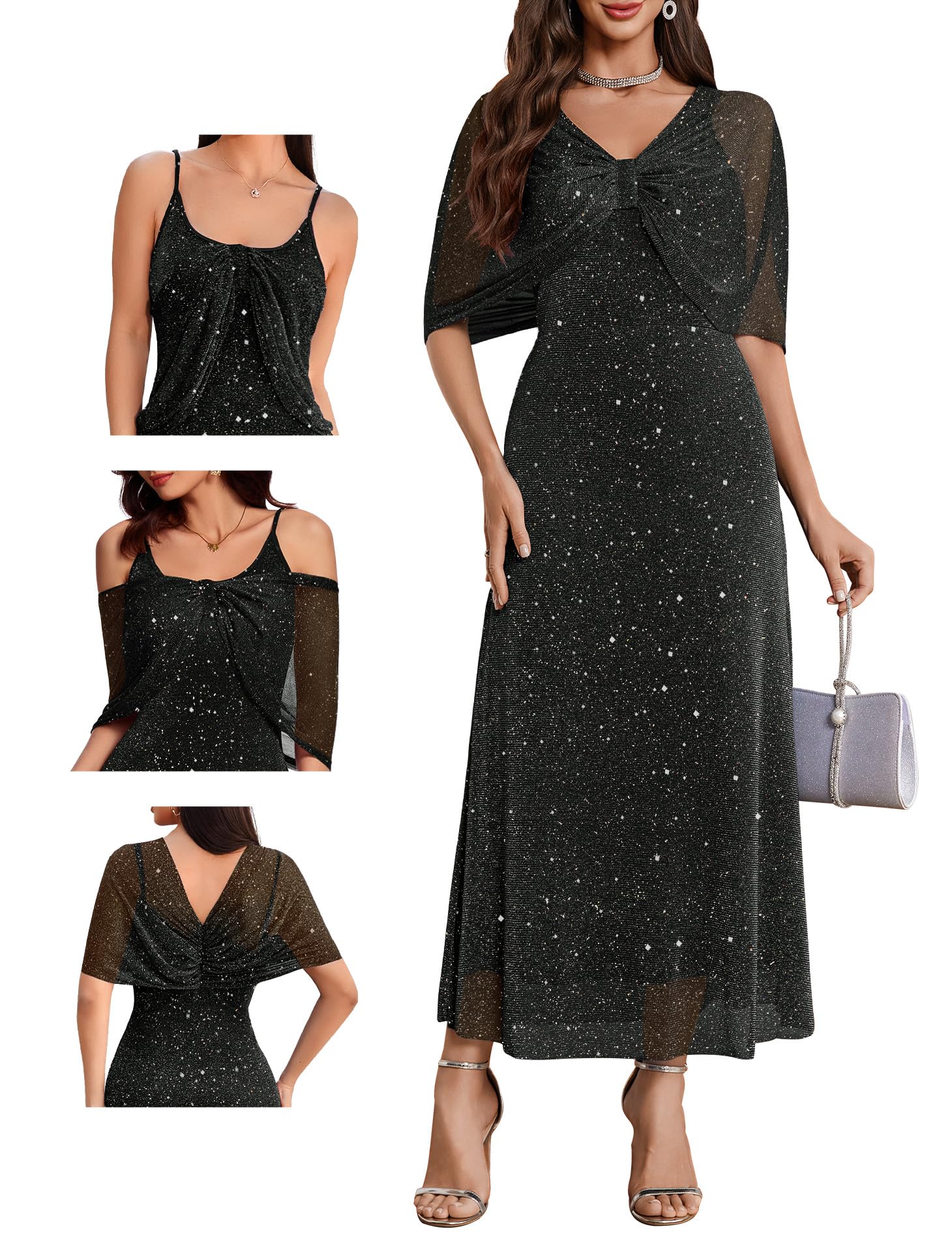 Photo 1 of BeryLove Women Sequin Formal Party Dress Sparkly Cocktail Evening Prom Gown Wedding Guest Dresses with Shawl 0033 Black XL