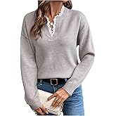 SOLY HUX Women's Long Sleeve Sweater Lace Trim Notched V Neck Knit Pullover Tops Casual Trendy Sweaters