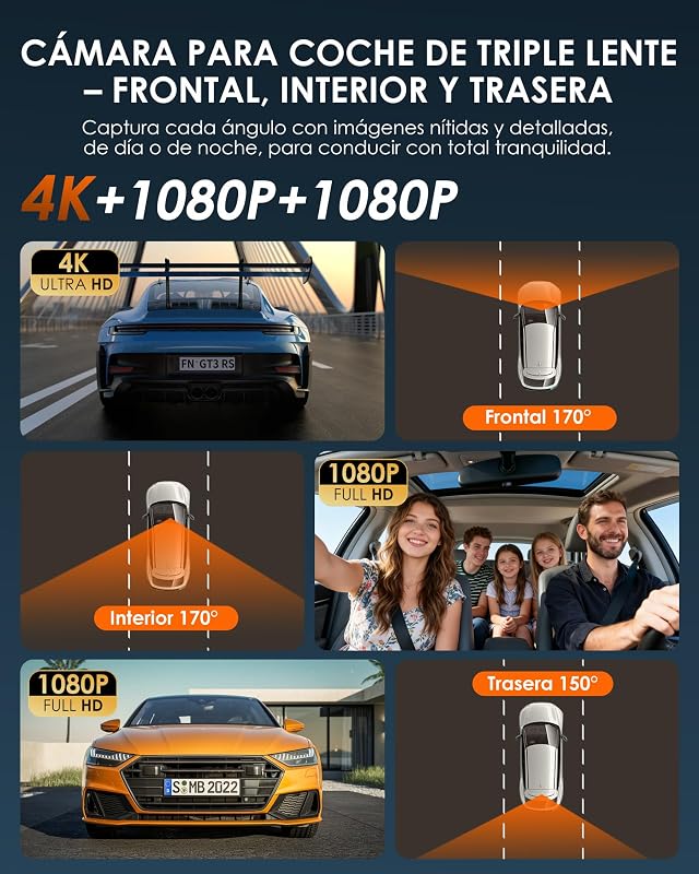 Dashcam 4K de 3 canais com cartão de 32GB GRÁTIS, câmara frontal, traseira e interior 4K+1080P+1080P com WDR, visão noturna IR, WiFi 6, ângulo de 170°, sensor G, modo de estacionamento 24h