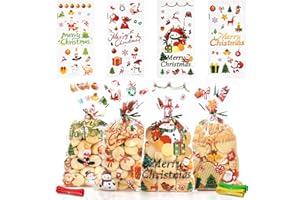 JMANNI 120 Pcs Christmas Cellophane Treat Bags, Clear Christmas Cellophane Sweet Candy Treat Bags, Santa Claus Bells Elk Pattern Party Bags for XMAS Party Supplies Decorations