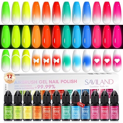 SAVILAND Airbrush Gel Nail Polish: Dilution-Free Fluorescent Airbrush Nail Polish Shine All Night Long,12 Colors Non-Acetone Glows in The Dark for Nails French Manicure DIY Salon & Party & Bar Social