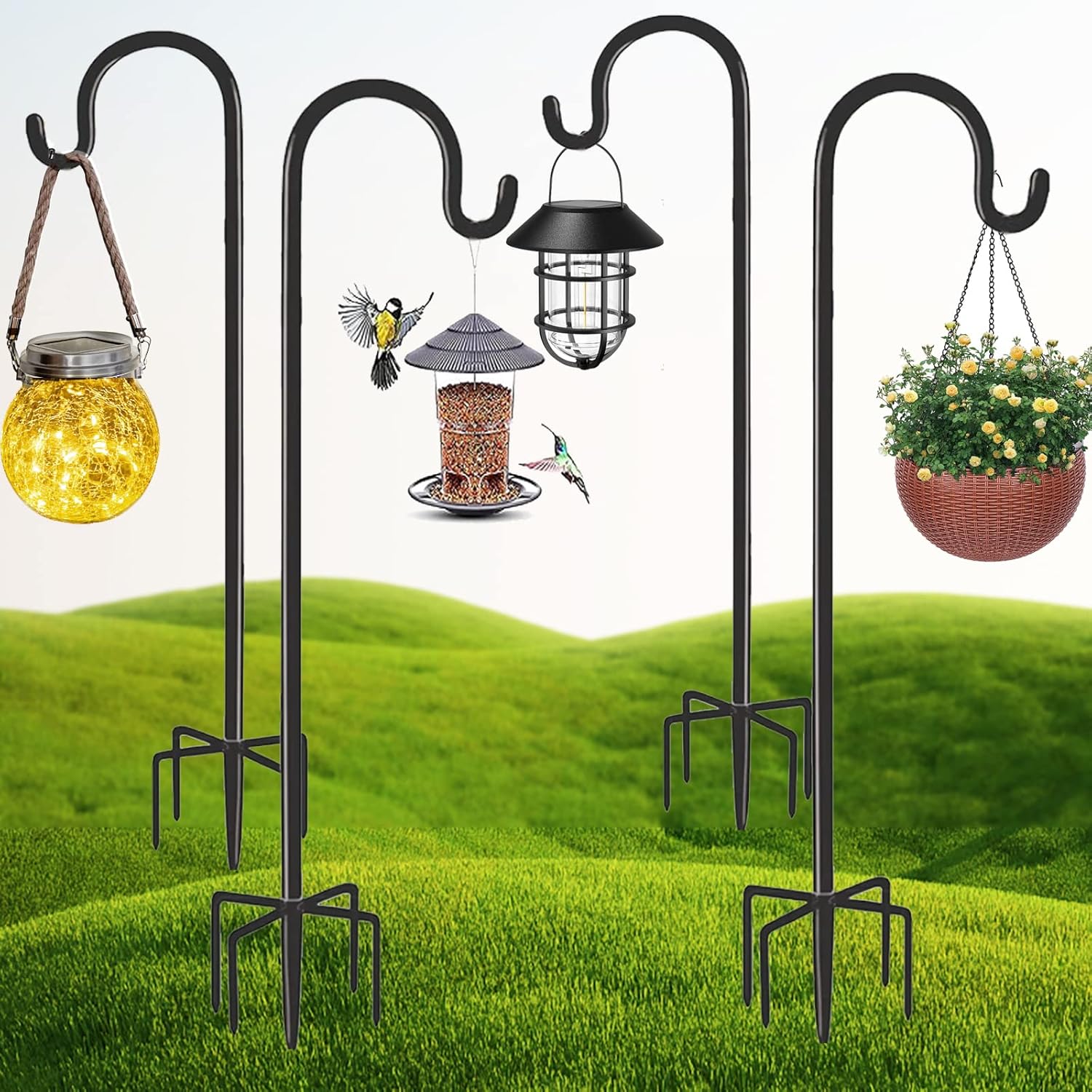 Outdoor Shepherd's Hooks - XRR Shepherds Hook, 4 Pack 96CM Adjustable Metal Stake Stand Hangers Garden Heavy Duty Rust Resistant Hooks with 5 Prong Base Shepherds for Solar Light Plant Hanger Wedding Decor