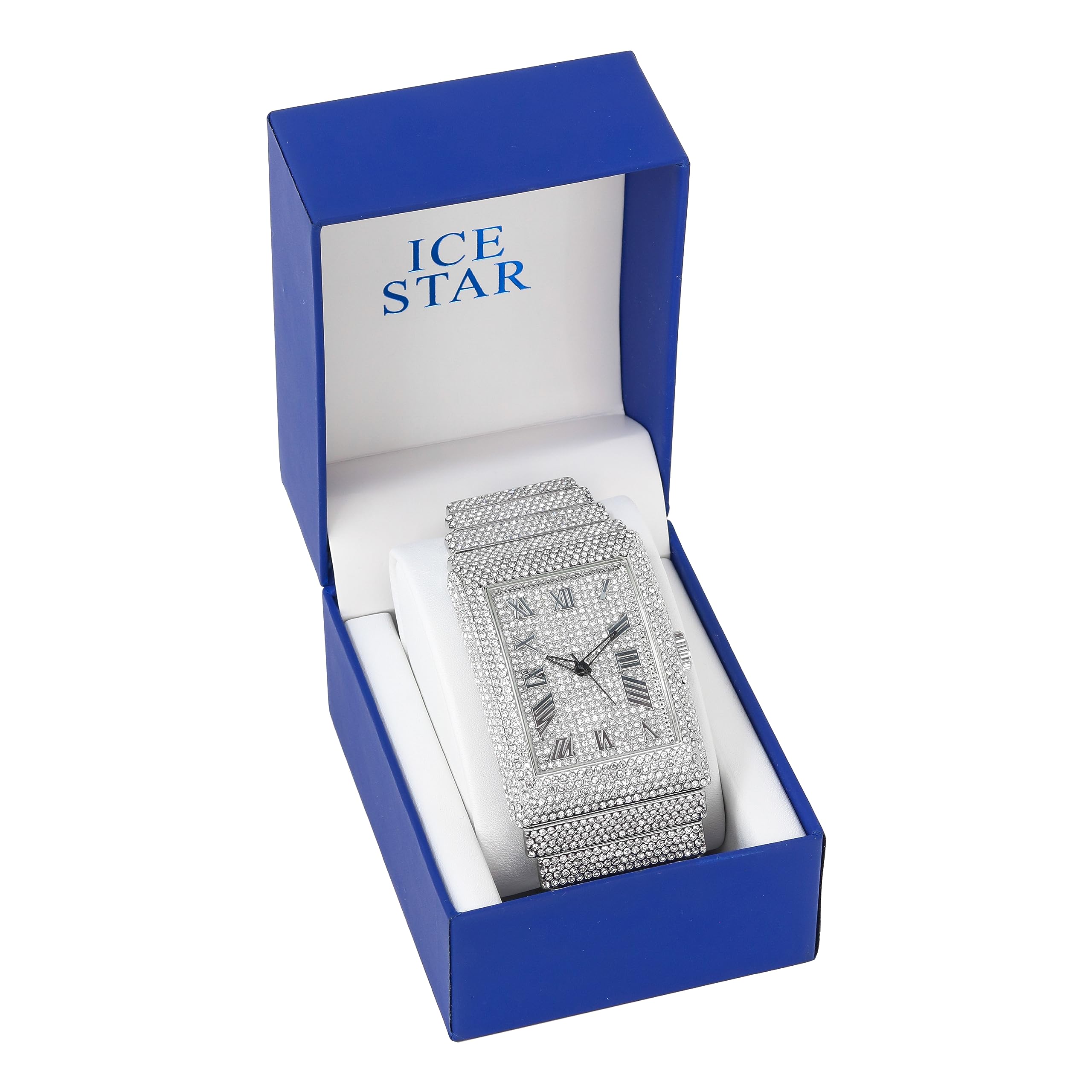 Men's Iced Diamond Watch with Stunning Crystals,Bling-ed Dial with Roman Hour Indicators,Rectangle Case,Fully Adjustable Metal Band,14k Gold Tone & Silver Tone Finish, SILVER, mens-standard, Casual