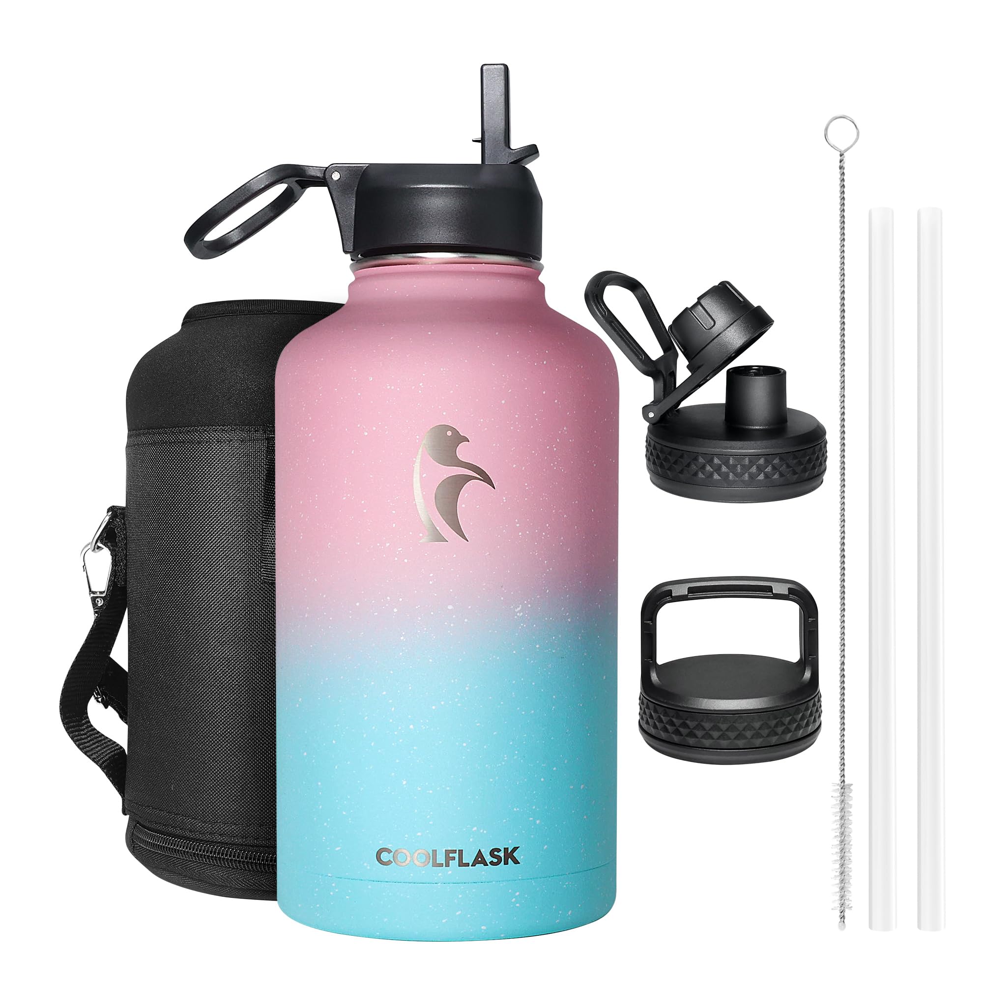 Coolflask Insulated Water Bottle 2L, Half Gallon Water Jug with Straw & 3 Lids, Large Insulated Water Bottle, Stainless Steel Vacuum Water Bottle for Gym, Sports and Travel, Starry Bubble Gum