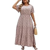 Nemidor Plus Size Maxi Dresses for Curvy Women Summer Casual Boho Ditsy Floral Print Layered Flared Long Dress with Pocket