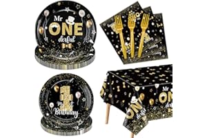 XJLANTTE Mr Onederful Birthday Decorations - Black Gold Birthday Plates, Napkins, and Tablecloth First Birthday Decorations Tableware for Baby Shower 1st Birthday Boy Decorations, Serve 20 Guests
