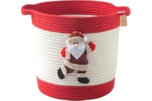 HomeyPine Christmas Basket with Santa Claus Doll, Woven Cotton Rope Christmas Storage Basket with Handles, Christmas Toy Bask