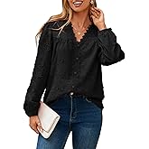 Simplee Womens Dressy Long Sleeve Blouses Casual V Neck Button Floral Lace Embroidered Fall Tops Fashion Shirts