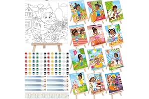 Tenceur 12 Sets Pre Drawn Canvas to Paint Kid Adult Stretched Coloring Painting Canvas Panels with Design Easel and Brushes for Party Supplies Beginner Favor(Black Girl)