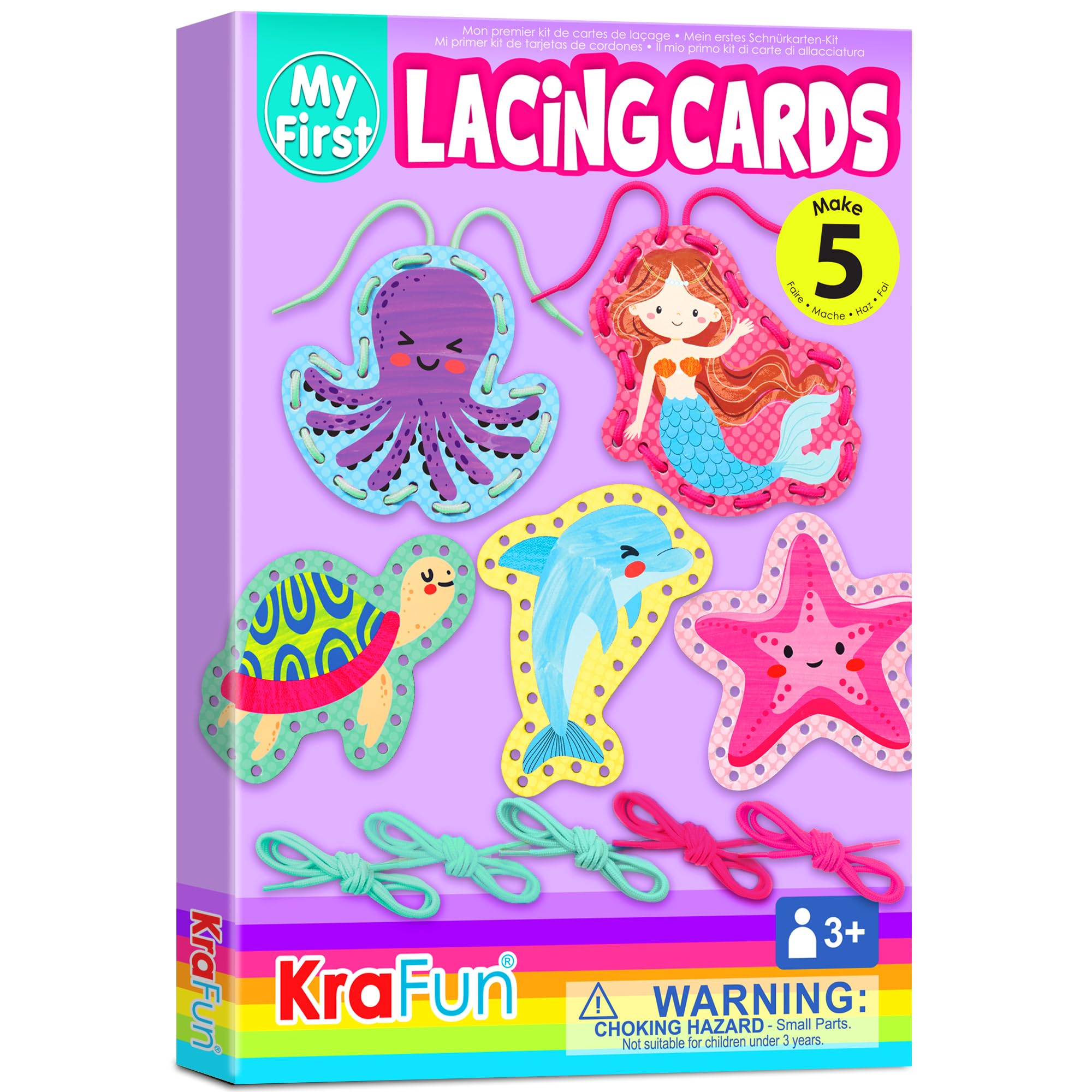 KRAFUN Beginner Mermaid Lacing Card Kit for Kids Arts & Crafts, 5 Easy Mermaid, Animal Lacing Projects, Paper Lace Cards for Toddlers, Fine Motor Preschool Skills Toys