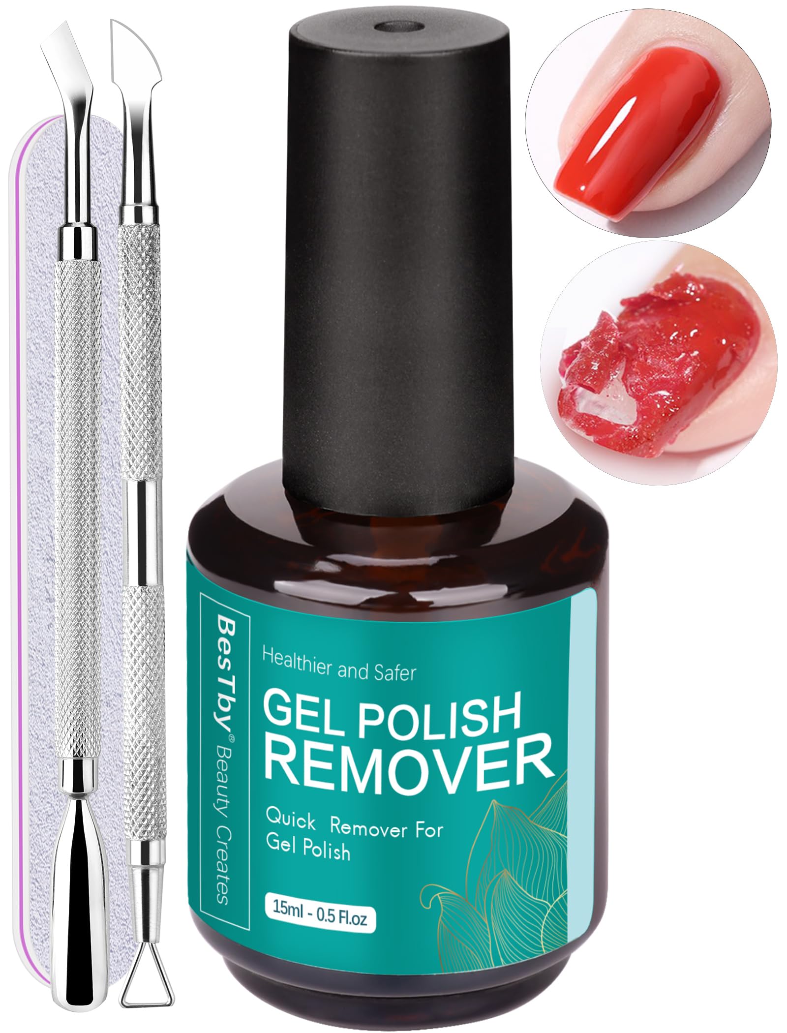 BesTby Gel Nail Polish Remover - Gel Polish Remover for Gel Nails Professional 2-5 Minute, with Cuticle Pusher and Scraper Nail File Tools, Easy and Quick Remove Gel Polish at Home