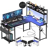 Aheaplus Small L Shaped Gaming Desk with LED Lights & Power Outlets, Reversible L-Shaped Computer Desk with Monitor Stand & Storage Shelf, Corner Desks Home Office Desk with Storage Bag, Black