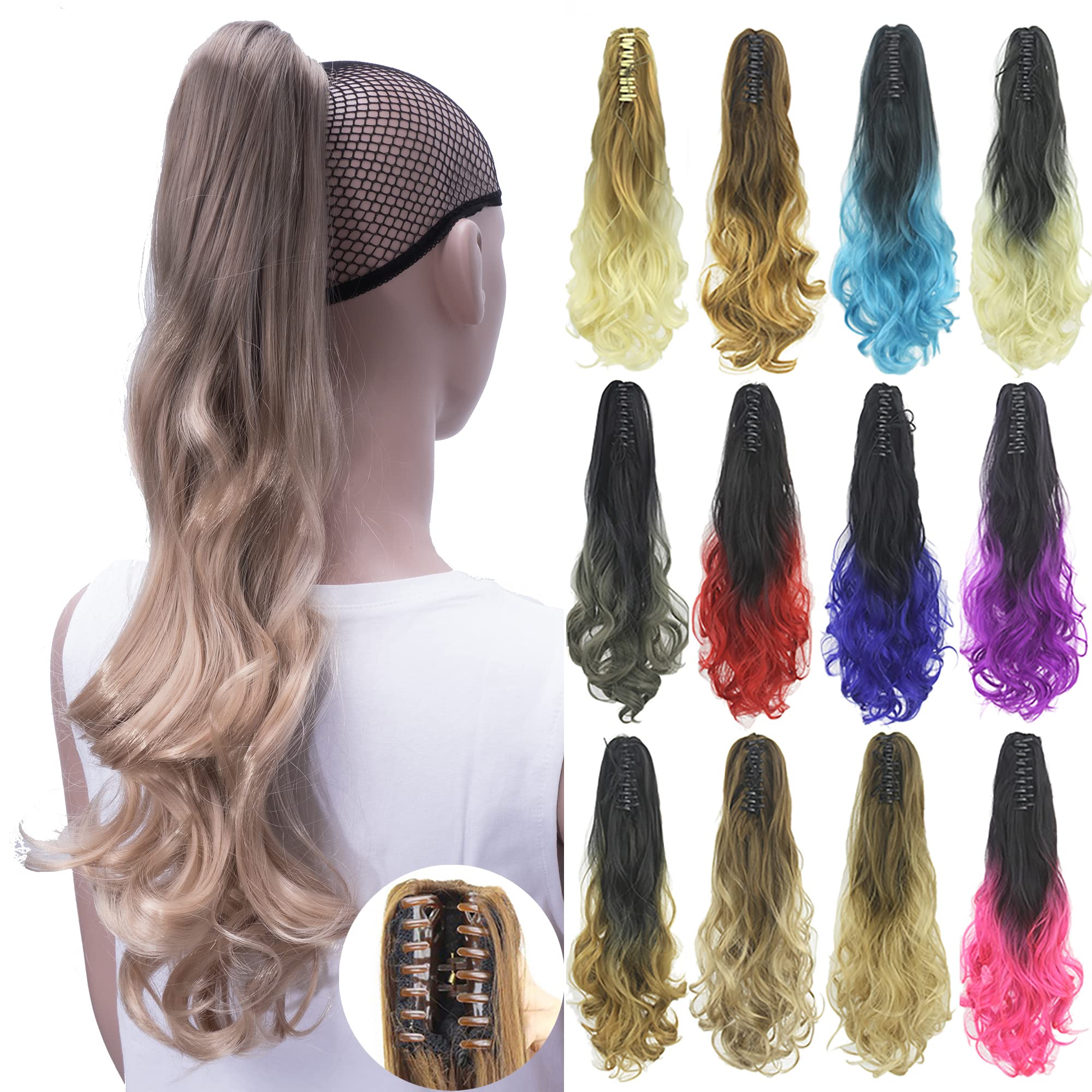 IMISSU Curly Ombre Color Claw Ponytail Hair Extensions Pony Tail Clip in Hairpiece (Ombre Light Brown)