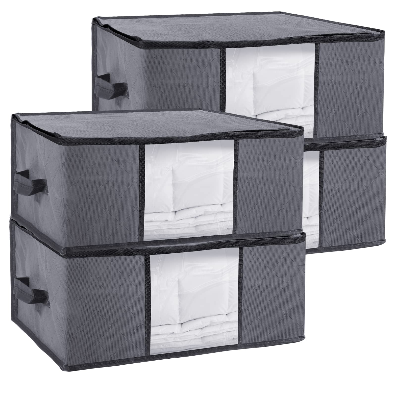 LONENESSL Large Capacity Organizer Bag, 4 Pack Under-Bed Storage Bag with Handle and Clear Windows, Double Zip Foldable Storage Boxes for Towels Clothes Bedding Storage Organiser (Grey, 4)