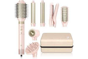 WEBEAUTY Hair Dryer Brush 8-in-1 Dual Voltage Hot Air Styler – Fast-Drying 110,000 RPM Ionic Blow Dryer with Straightener & Curler Attachments, Frizz-Free Volumizing Styler with Protective Hard Case-Pink