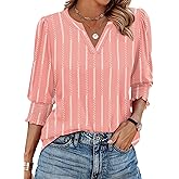 XIEERDUO Blouses for Women Dressy Casual 3/4 Length Sleeve Womens Tops V Neck T Shirts with Smocked Cuffs
