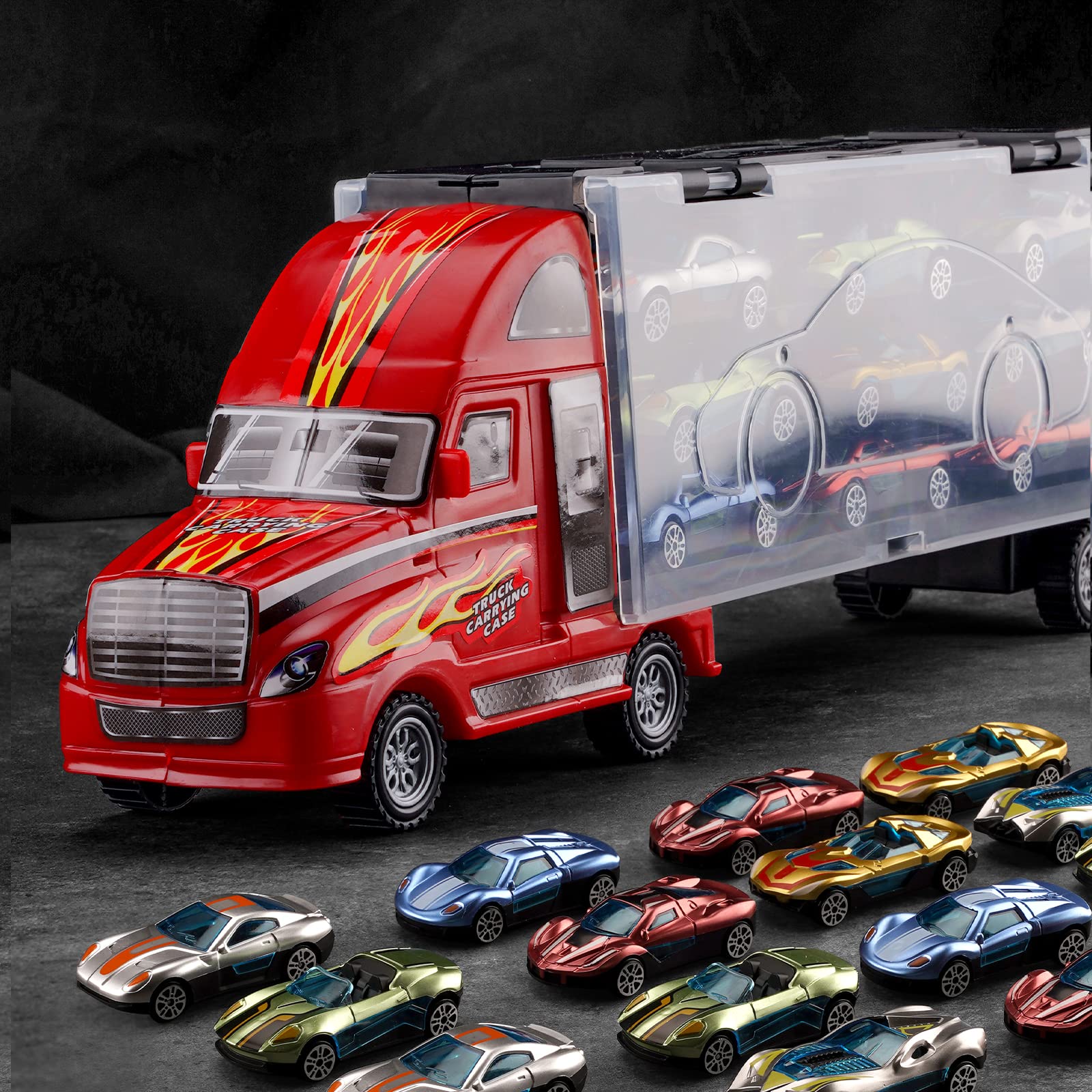 Photo 1 of BoomCaCa Toy Truck Transport Car Carrier - 18 Sport Cars in Truck Toys, Toys for Boys and Girls Age 3-10 yrs Old, Ideal Party Christmas Birthday Gift for Kids