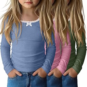 Joiceful 3 Pack Toddler Girls Long Sleeve Shirts | Long Sleeve Shirts, Lace Trim Bow, U Neck Tops, Ruched Side, Slim Fit Tee,