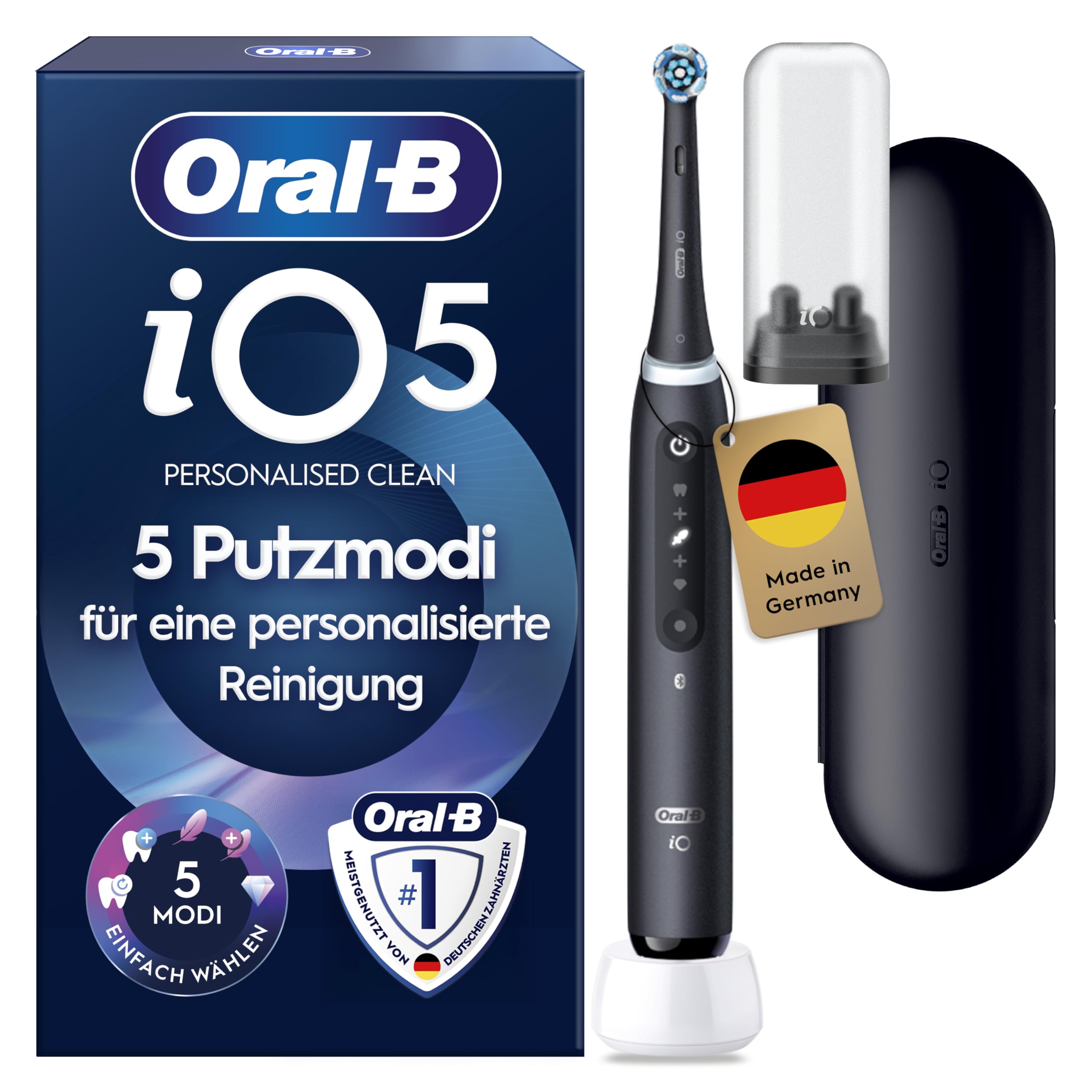 Oral-B iO Series 5 Elektrische Zahnbürste — Electric Toothbrush, Inkl. 1 Aufsteckbürste, Reise-Etui — 5 Putzmodi für Zahnpflege, Zahnbürste Elektrisch, Designed by Braun, Schwarz