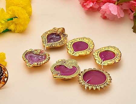 Brown Leaf Beautiful Premium Handmade Different Shape Oxidized Metal Diya Candle with Wax Set of 6 Beautiful Gift Item for Diwali Weeding & Corporate Sector