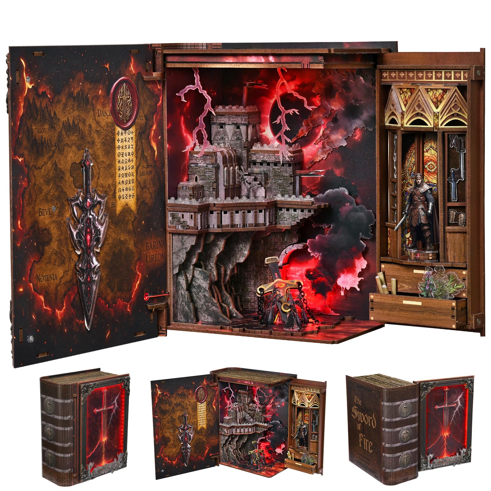 MiniCity Book Nook Kit - DIY Miniature Wooden Puzzle with LED Lights 3D Dollhouse Bookend for Bookshelf Decoration Creative Gifts (The Sword of Fire)