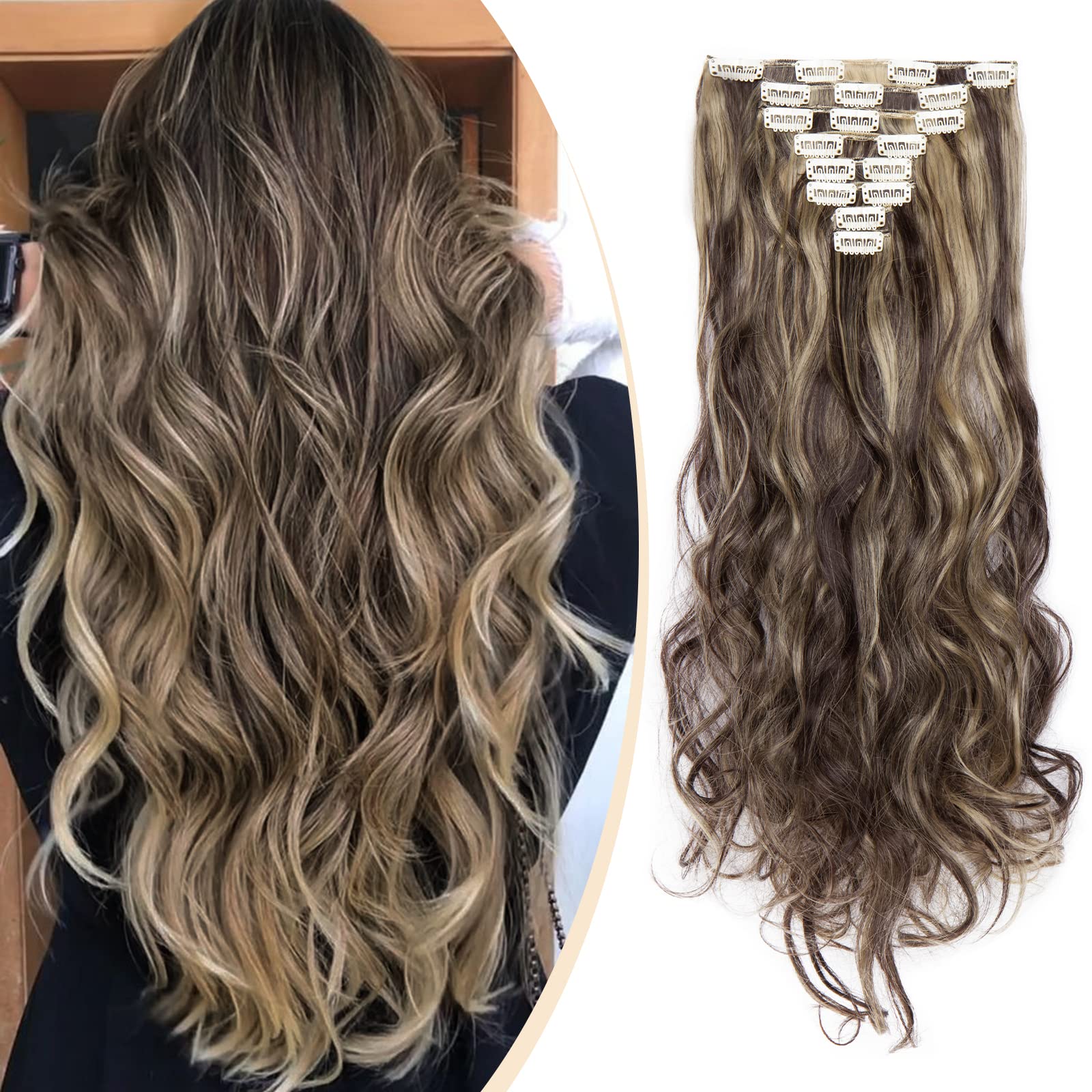 S-noilite Fashion 8 Piece Clip in Hair Extensions Long Full Head 18 Clips 24 inches Curly Dark Brown & Ash Blonde
