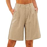 luvamia Bermuda Shorts for Women High Waisted Linen Dressy Casual Pleated Wide Leg Summer Shorts with Elastic Waist