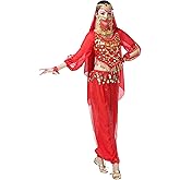 Lauthen.S Women Belly Dance Outfit Coins Top Pants Face Veil Set Halloween Costume