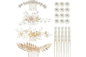 inSowni 36 Pack Gold Flower Leaf Bridal Wedding Hair Side Combs+U-shaped Pearl Hair Pins+Spiral Rhinestone Hair Clips Barrettes Prom Headpieces Hair Accessories for Brides Bridesmaids Women Girls