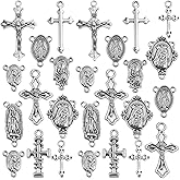 JMKTOOL 50pcs Rosary Cross and Center Miraculous Medal Charms Tibetan Jesus Crucifix Pendants Virgin Mary Oval Chandelier Links for DIY Rosary Necklace Jewelry Making, 10 Styles