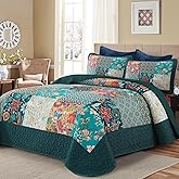 DJY Patchwork Quilt Set King Size 3 Pieces Green Plaid Floral Bedspread Coverlet Set, Boho Turquoise Rustic Lightweight Reversible Bedding Quilt for All Season (110''x90'')