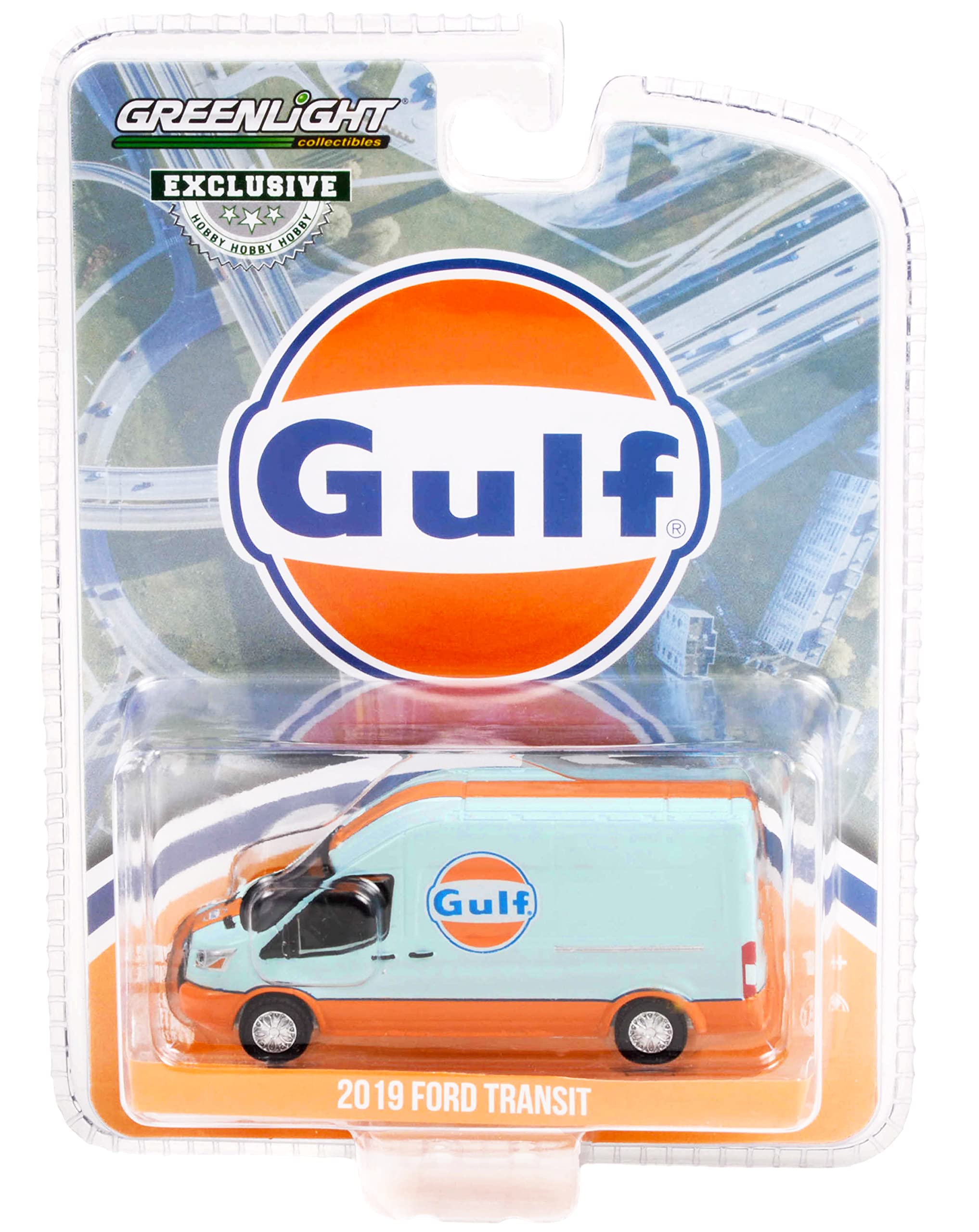 Greenlight 2019 Ford Transit LWB High Roof Van Gulf Oil Light Blue and Orange Hobby Exclusive 1/64 Diecast Model Car