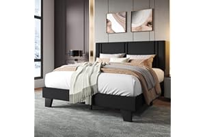 Einhomn Upholstered Queen Size Bed Frame with Linen Fabric Headboard, Strong Wooden Slats Support, Noise Free, No Box Spring Needed, Black