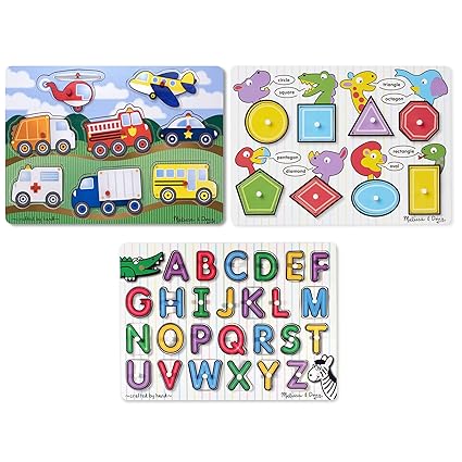 Melissa & Doug Wooden Peg Puzzles Set - Alphabet, Vehicles, and Shapes