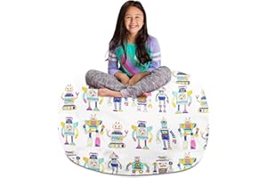 Posh Creations Stuffable Kids Stuffed Animal Storage Bean Bag Chair Cover - Childrens Toy Organizer, X-Large-48 - Canvas Robots on White
