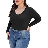 FOREYOND Women's Plus Size Long Sleeve Shirt V Neck Slim Fitted Tshirts Casual Basic Bodycon Basic Tops Undershirts