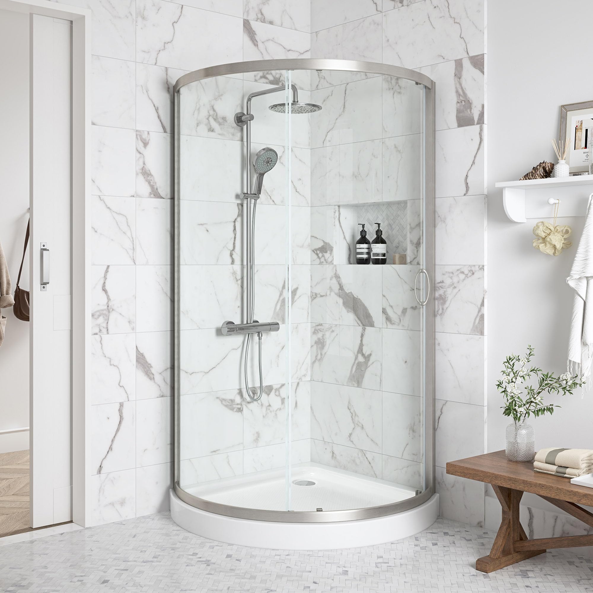 Photo 1 of OVE Decors Breeze 32 in. Corner Shower Clear Sliding Door with Base in Satin Nickel Finish