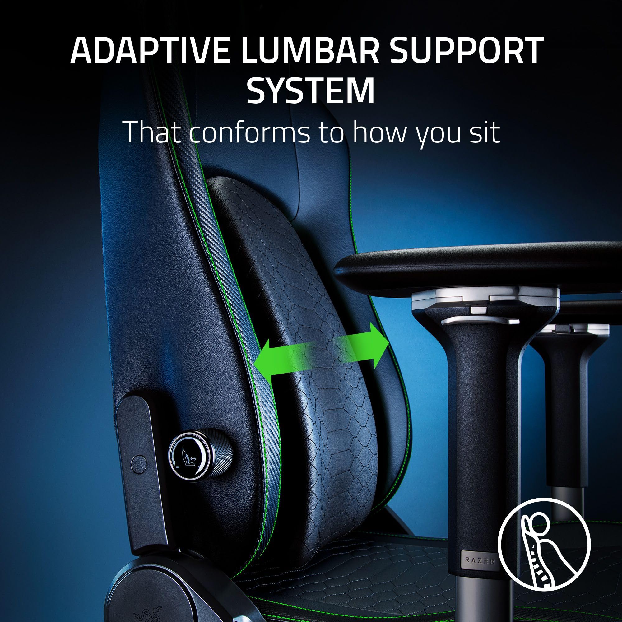 Razer Iskur V2 Gaming Chair: Adaptive Lumbar Support - Adjustable Lumbar Curve - High Density Foam Cushions - Reactive Seat Tilt &152-degree Recline - 4D Armrests - Synthetic Leather - Black/Green