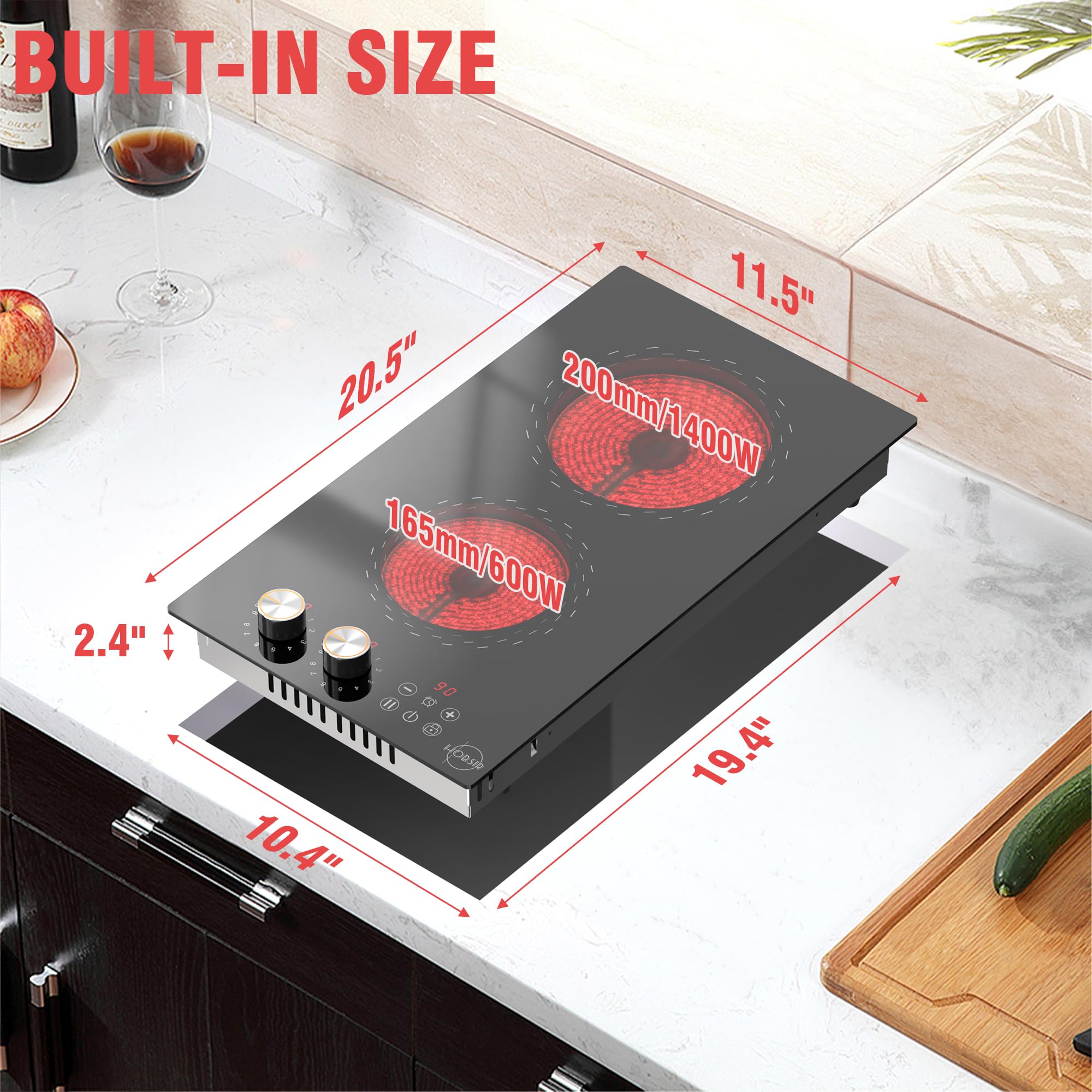 Plug-in 2 Burner Electric Cooktop, 120v Knob Electric Stove Top, 12 Inch Built-in Radiant Electric Stove 110v, Electrics Ceramic Cooktop with Child Safety Lock, Timer, Over-Temperature Protection