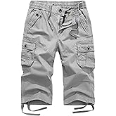 FOURSTEEDS Women's Mid Rise Cotton Capri Hiking Shorts Drawstring Multi Pocket Cargo Shorts Elastic Waist Cropped Cargo Pants