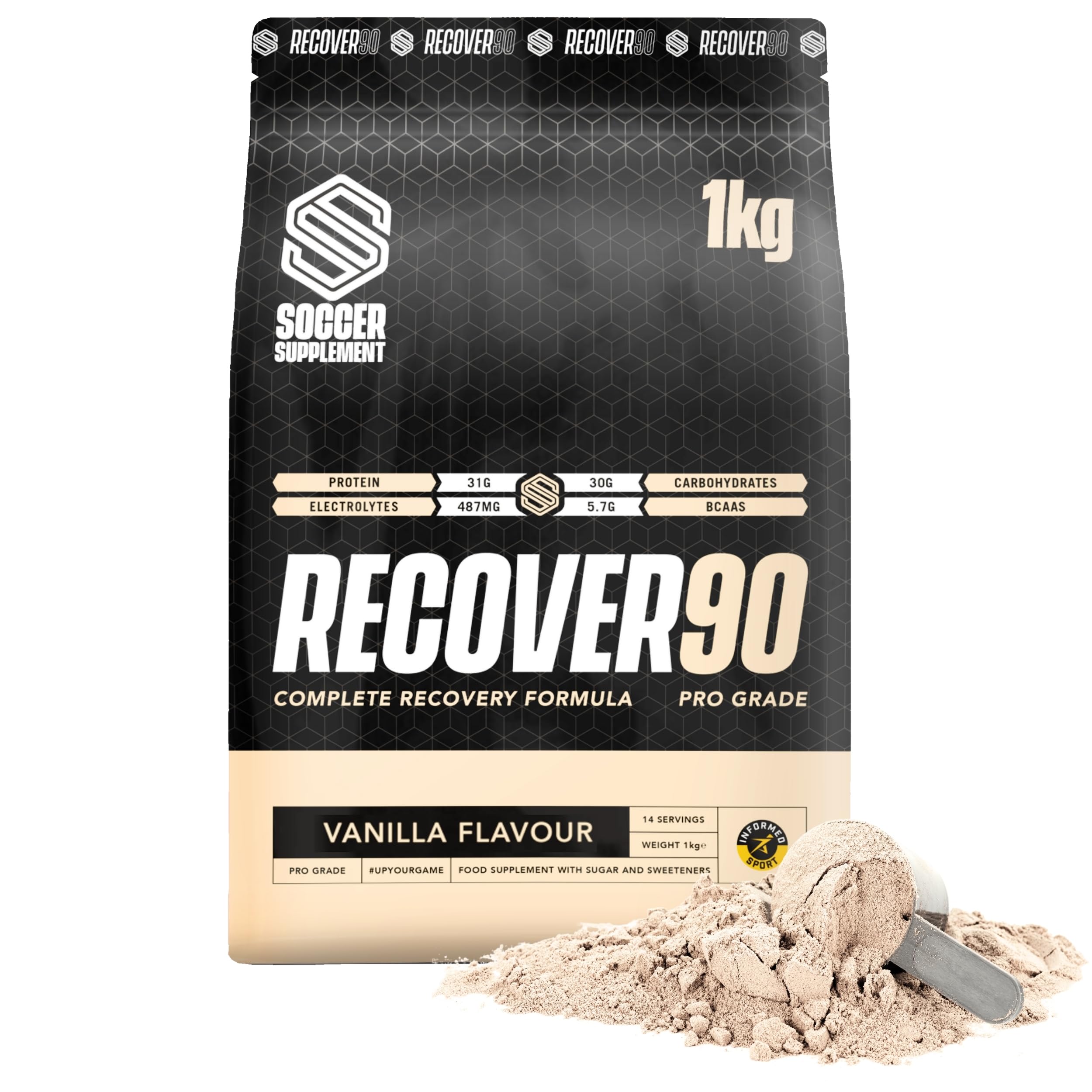 SOCCER SUPPLEMENT - Recover90 Shake for Footballers, 31grams of Protein, 32grams of Carbohydrate, 374mg's of Electrolyte, Vanilla
