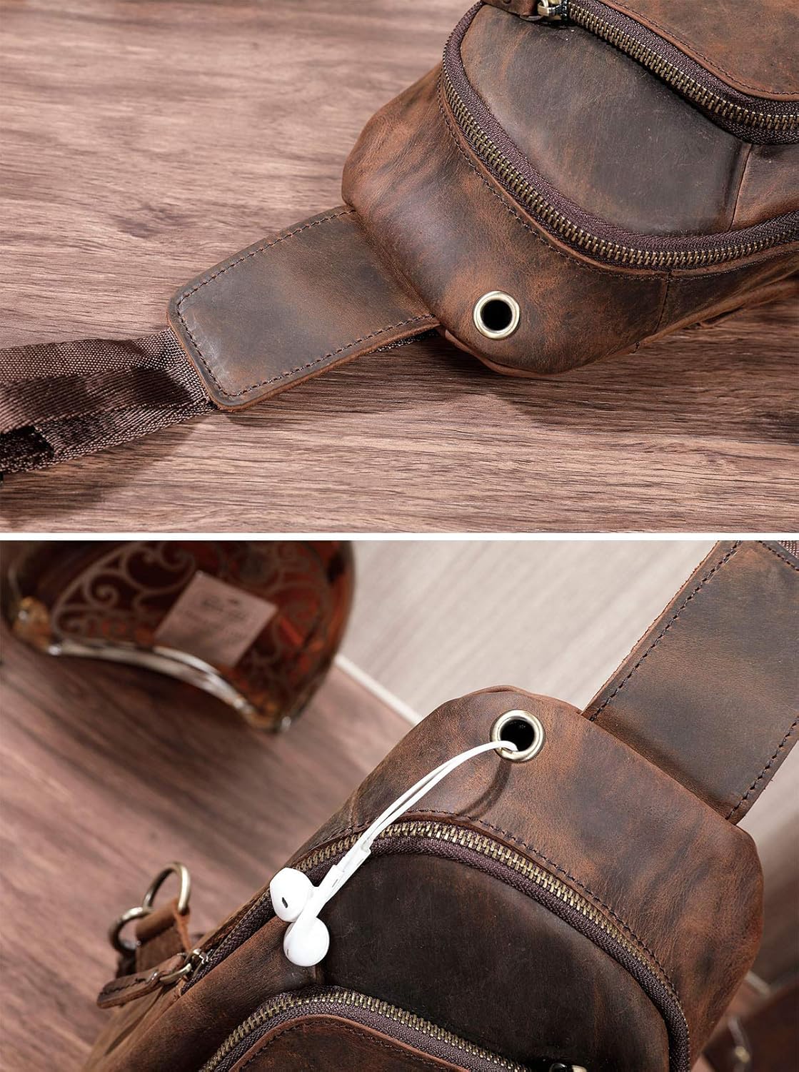 Le'aokuu Men Outdoor Casual Travel Hiking Tea Crossbody Chest Sling Bag Rig One Shoulder Strap Bag Backpack Men Leather 8010 (8010 A1 Brown) - Image 5