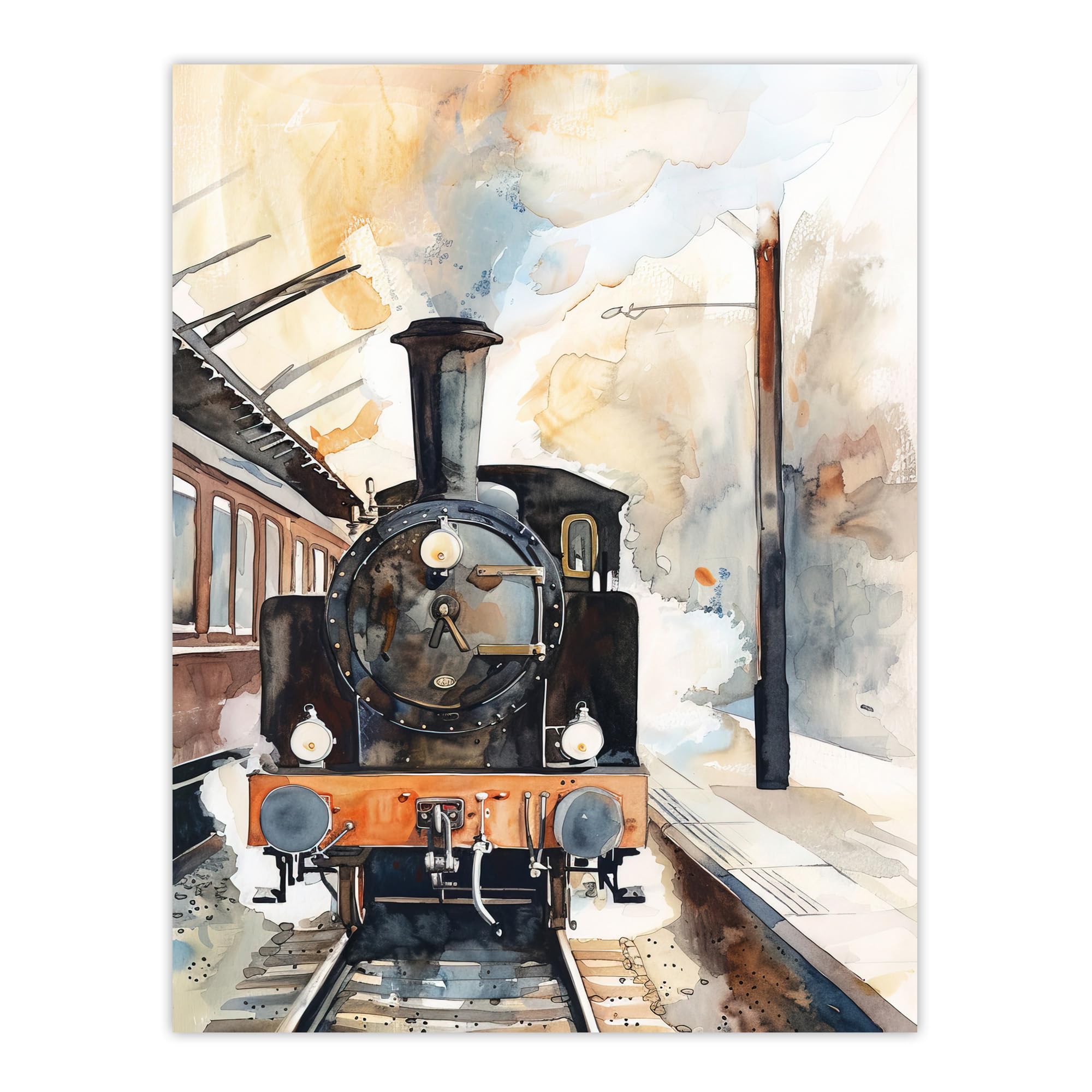 Artery8 Vintage Travel Steam Train Front View Watercolour Living Room Extra Large XL Wall Art Poster Print