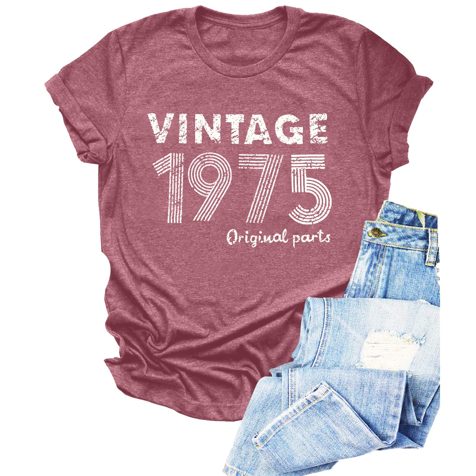 Chulianyouhuo 50th Birthday Gift for Women Vintage 1975 T Shirt Funny Letter Print Party Tops Casual Short Sleeve Tees Pink