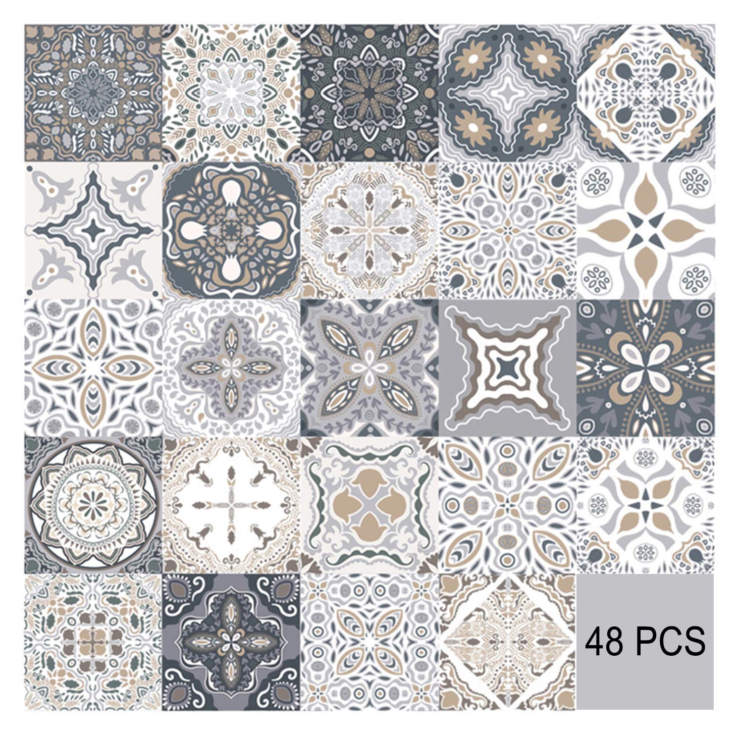 HORIWE 48pc Moroccan Tile Stickers 6x6 Inches Backsplash PVC Waterproof Oil Proof Self Adhesive DIY Bathroom Kitchen New Wall Stickers Home Decor 15x15cm