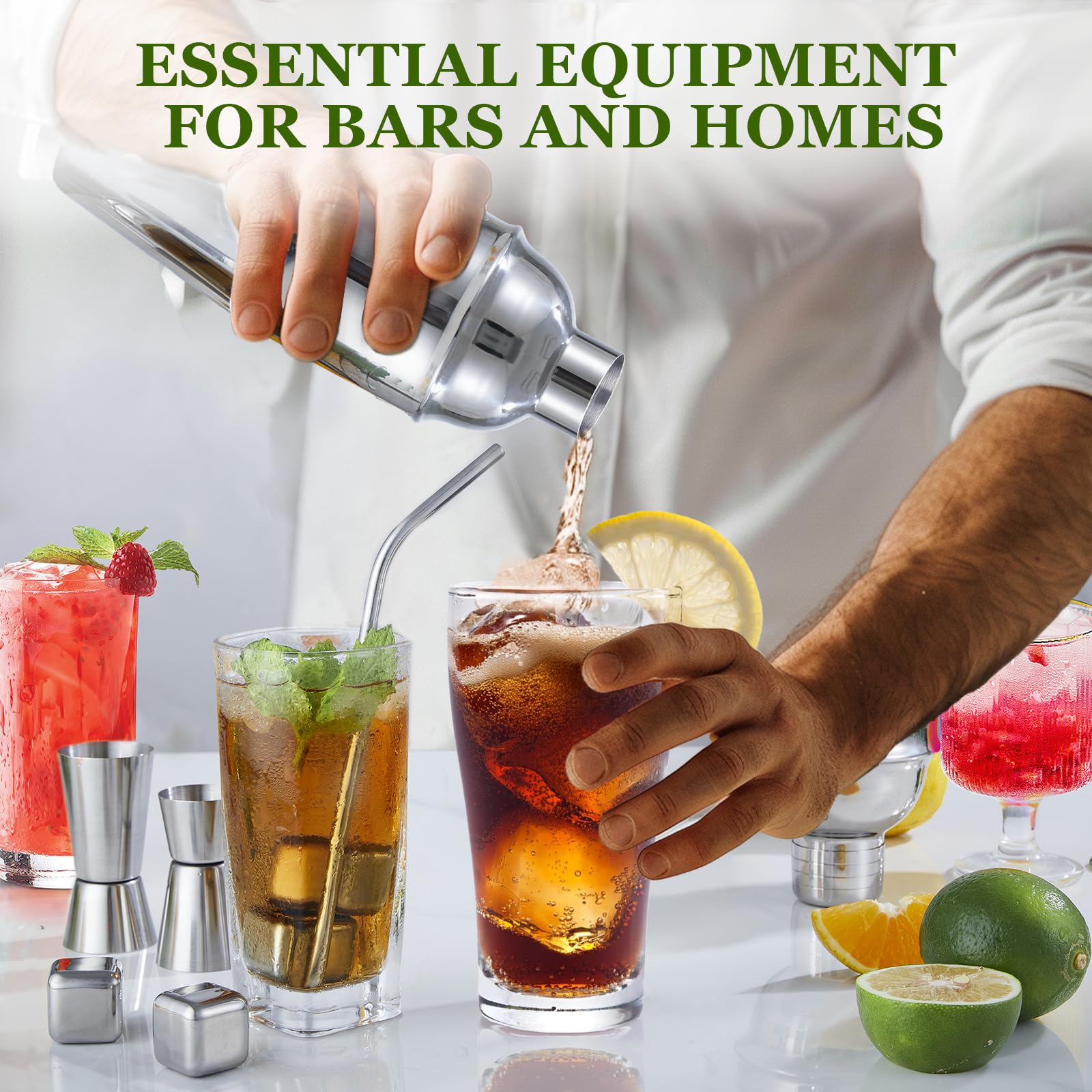 Cocktail Shaker Set, 23-Piece Stainless Steel Bartender Kit with Acrylic Stand & Cocktail Recipes Booklet, Professional Bar Tools for Drink Mixing, Home, Bar, Party (Include 4 Whiskey Stones) - Image 6
