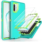 YmhxcY Note 10 Plus Case with Self Healing Flexible TPU Film[2 Pack] and Camera Lens Screen Protective Film[2 Pack], Heavy Protection Cover for Galaxy Note 10 Plus-Aqua Blue/Lime Green