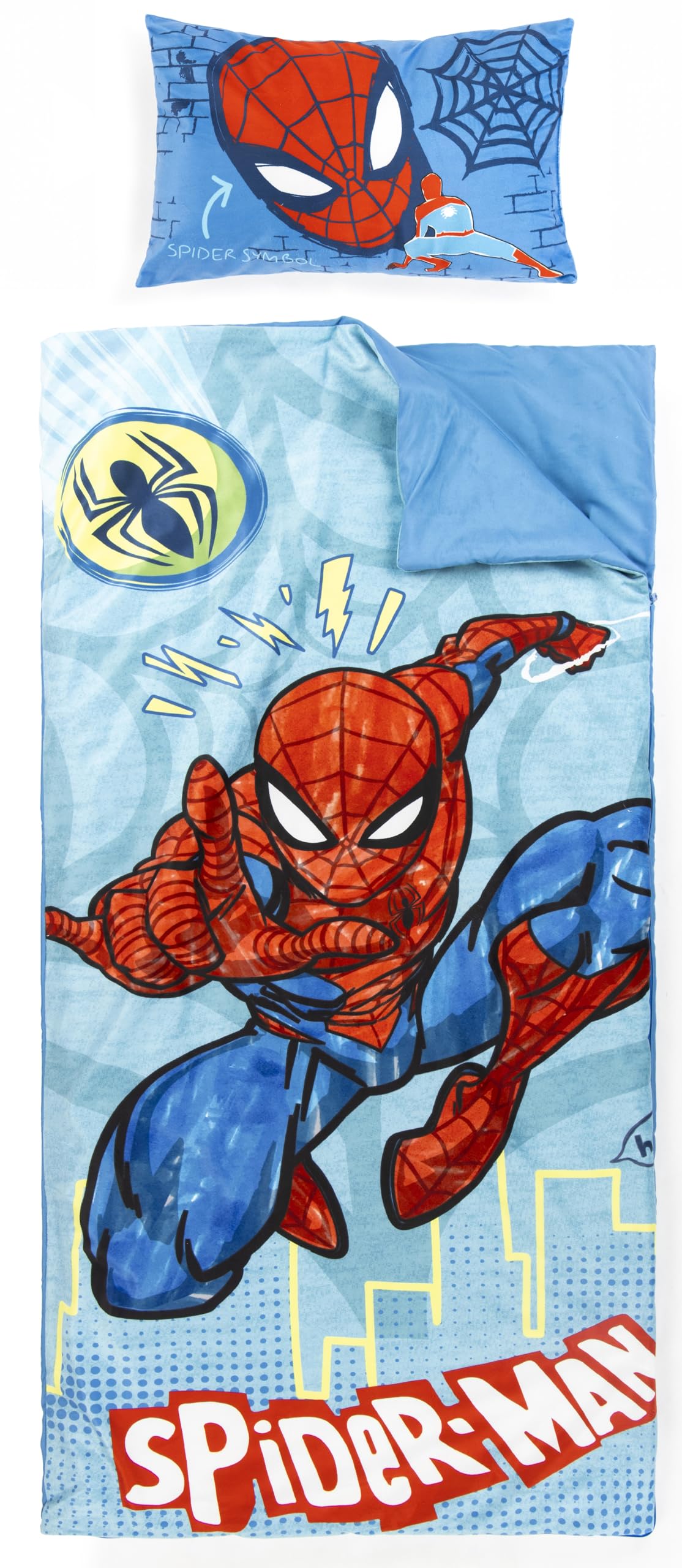Jay Franco Marvel Spiderman Children’s Sleeping Bag & Pillow Set – Cosy (137 x 61 cm) Indoor Slumber Bag (43 x 28 cm) Pillow, Ideal for School Trips & Sleepovers – 2-Piece Set