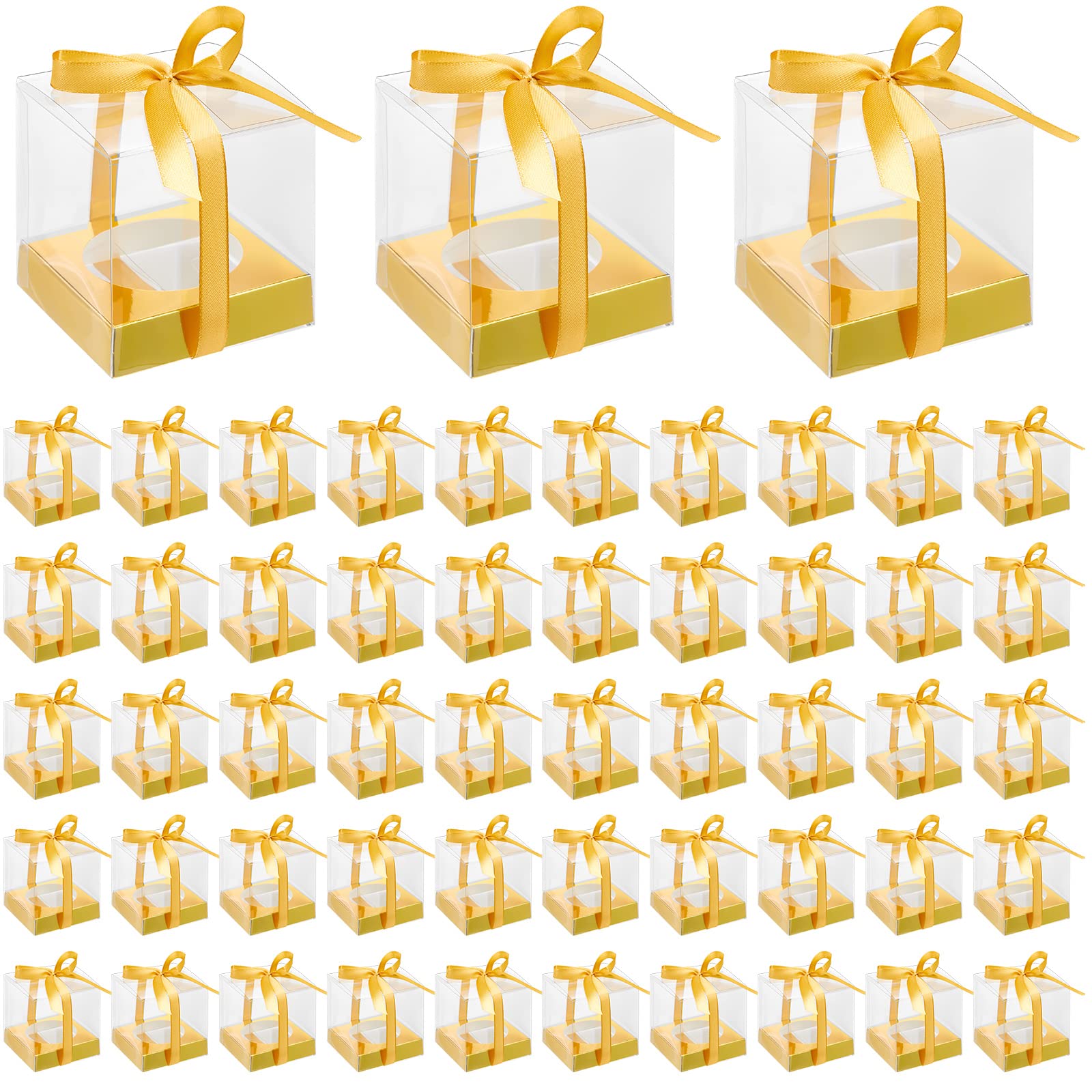 Photo 1 of 96 Pieces Individual Cupcake Boxes Single Cupcake Container Clear Cupcake Carrier Plastic Cupcake Storage Cupcake Holder with Ribbon and Insert for Wedding Birthday Party Favor, 3.5 x 3.5 x 3.5(Gold)