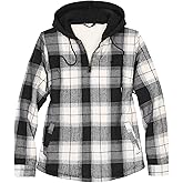 ThCreasa Womens Full Sherpa Lined Plaid Flannel Hooded Jacket with Hand Pockets, Zip Up Fuzzy Hoodie Flannel Shacket